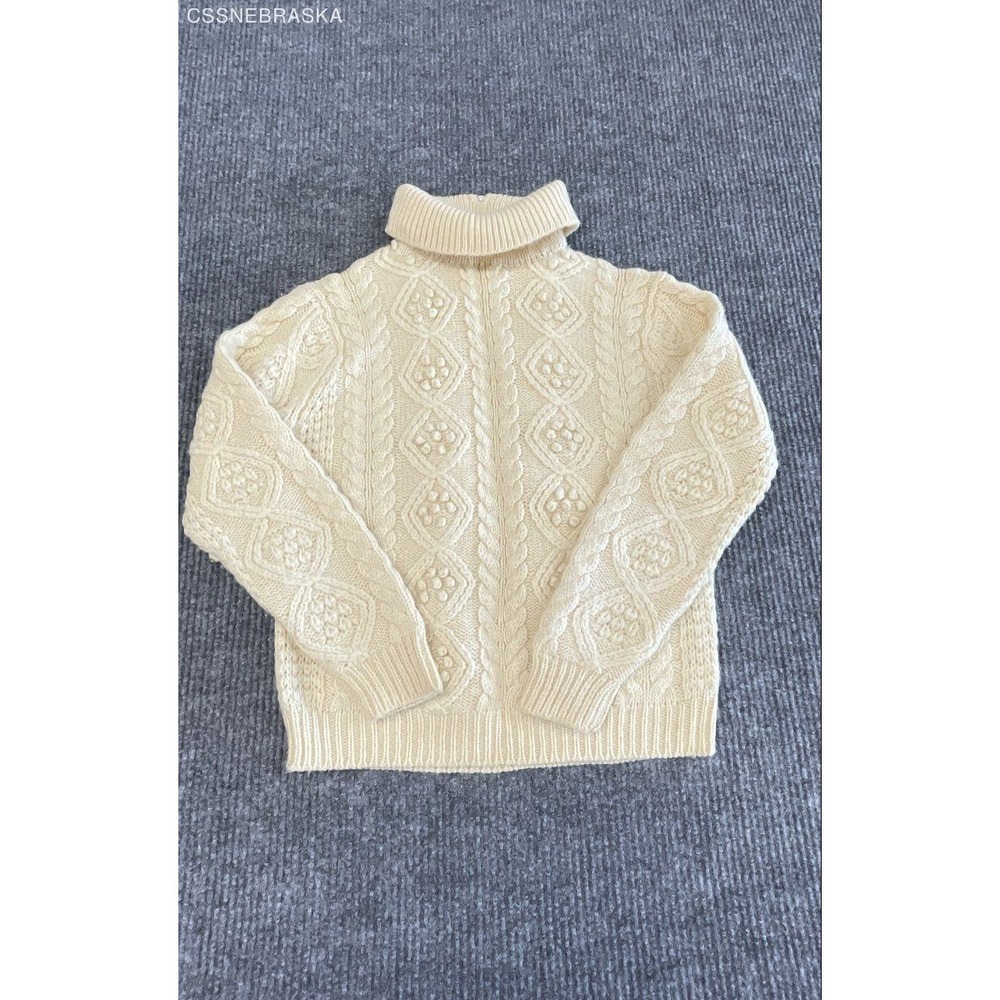 Vintage 80s Hand Loomed Women's Cream 100% Virgin Wool Zip Turtleneck Sweater L